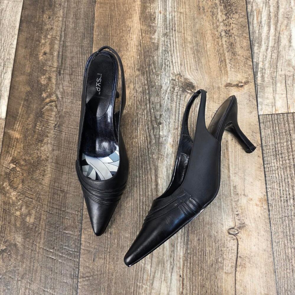Black Leather Slingback Heels Pointed Toe Kitten Heel Minimalist 90s Officecore
